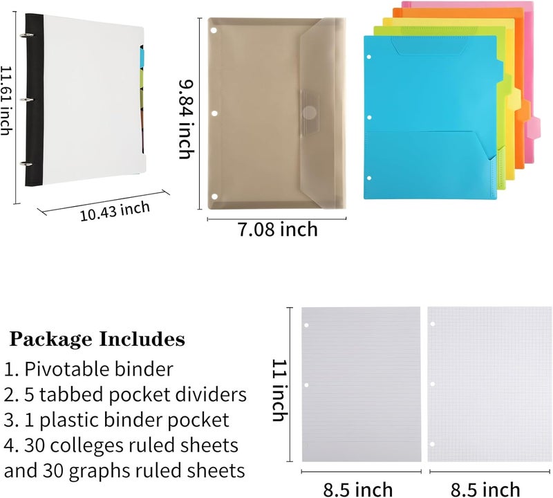 Tashkummy Pivotable Refillable Notebook, 3 Ring Binder Notebooks 1 Inch, Notebook with Dividers and Pockets, Folder Notebook, Flexible Binder, Soft Binders 3 Ring, Foldable Binder- White - Image 2
